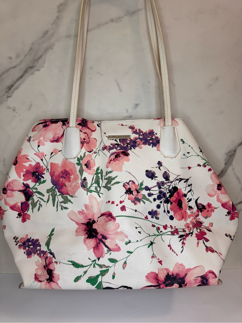 New York & Company White Shoulder Bag with Pink & Purple Floral Print